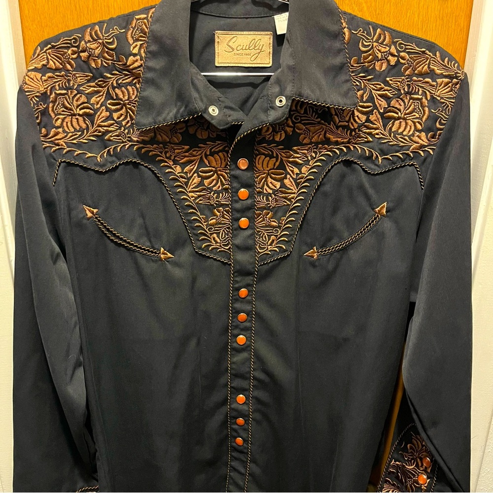 Scully Gold Gunfighter Embroidered Pearl Snap Western Shirt